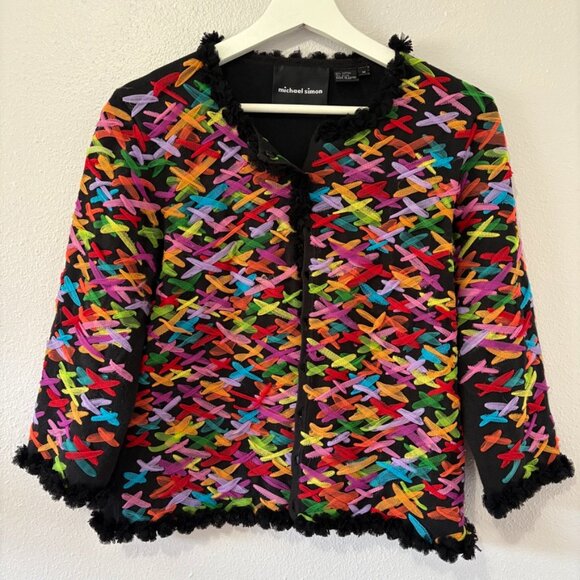 Michael Simon Sweaters - Michael Simon Colorful Criss Cross Mesh Ribbon Cardigan Sweater 3/4 Sleeve M